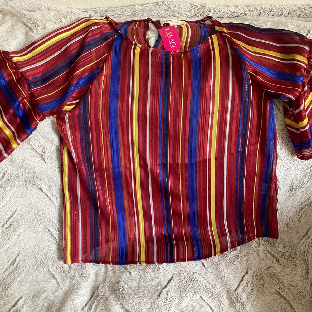 A’gaci NWT Striped (Red White Blue Gold) Sheer Glitter Blouse Size M